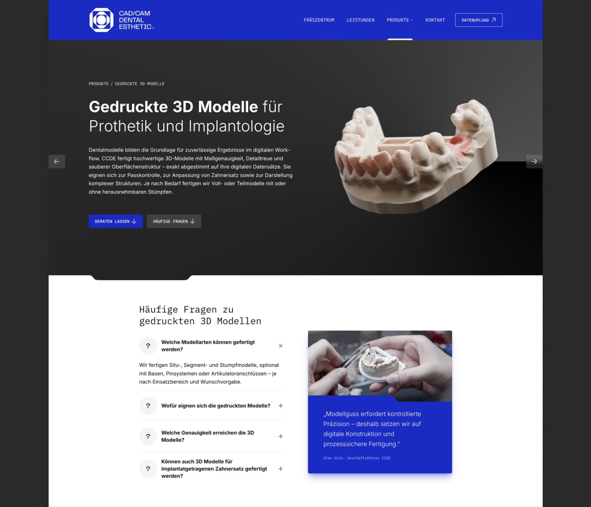 Screenshot der Startseite von CCDE CAD/CAM Dental Esthetics