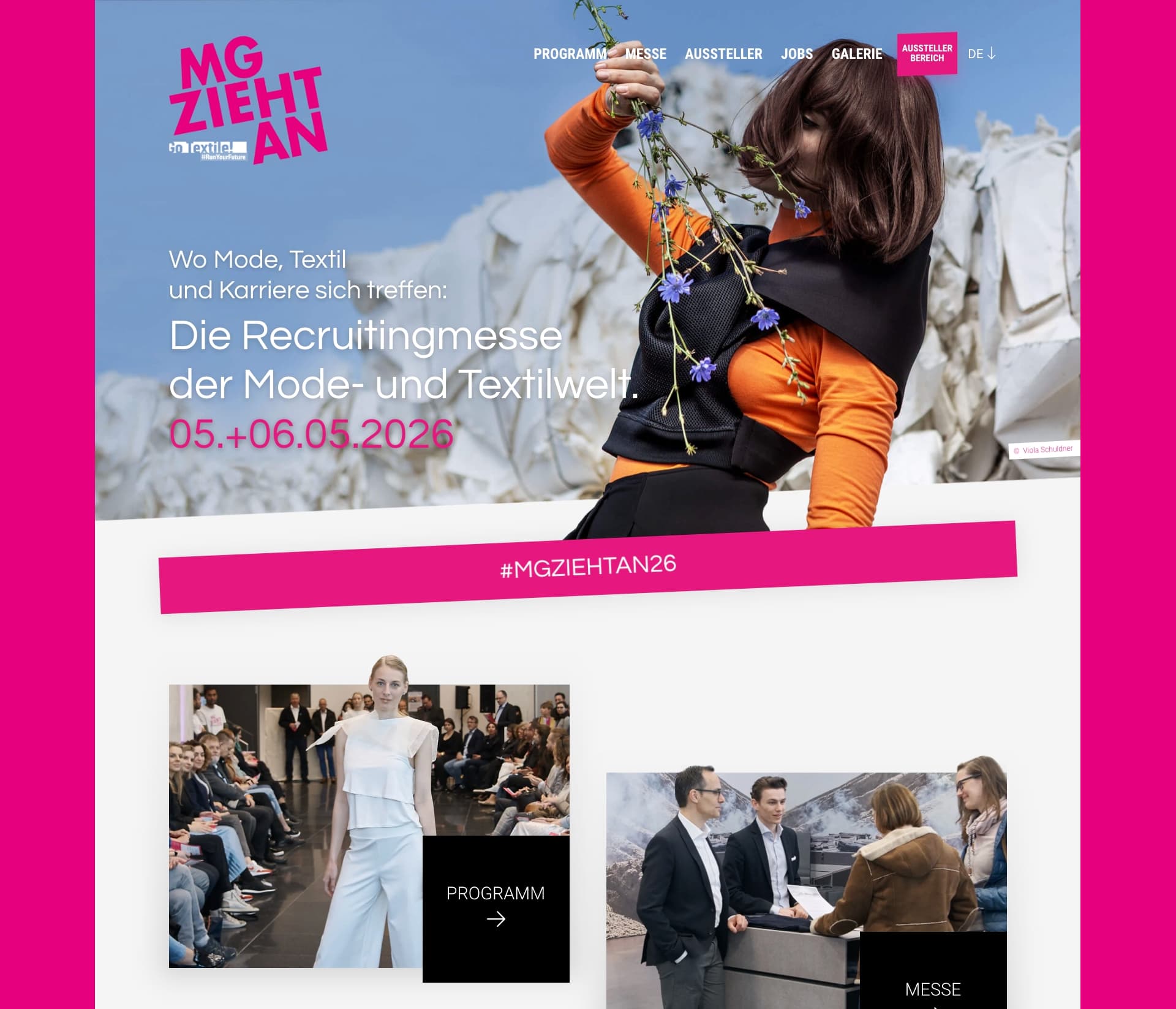 Screenshot der Startseite von MG ZIEHT AN